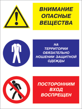 Кз 16 внимание опасные вещества - на территории обязательно ношение защитной одежды, посторонним вход воспрещен. (пластик, 300х400 мм) - Знаки безопасности - Комбинированные знаки безопасности - vektorb.ru